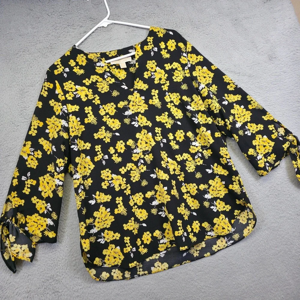 Michael Kors Top Womens L Black Yellow Tie Sleeve Floral Colorful Resort Elegant